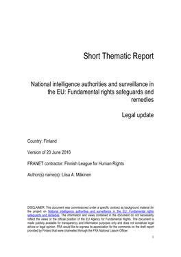 National Intelligence Authorities and Surveillance in the EU: Fundamental Rights Safeguards and Remedies