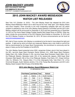 2015 John Mackey Award Midseason Watch List Released