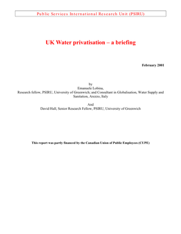 UK Water Privatisation – a Briefing