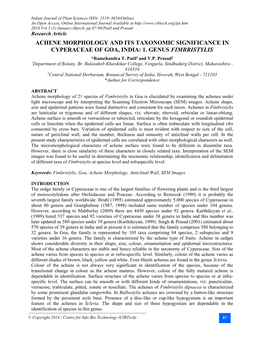 ACHENE MORPHOLOGY and ITS TAXONOMIC SIGNIFICANCE in CYPERACEAE of GOA, INDIA: 1. GENUS FIMBRISTYLIS *Ramchandra T