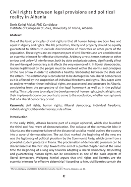 Civil Rights Between Legal Provisions and Political Reality in Albania Doris Koliqi Malaj, Phd Candidate Institute of European Studies, University of Tirana, Albania