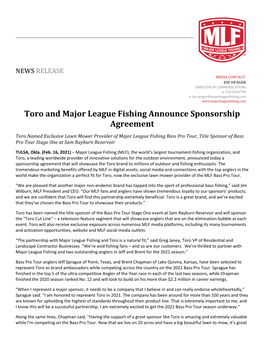 Toro and Major League Fishing Announce Sponsorship Agreement