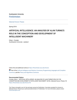 Artificial Intelligence: an Analysis of Alan Turing’S Role in the Conception and Development of Intelligent Machinery