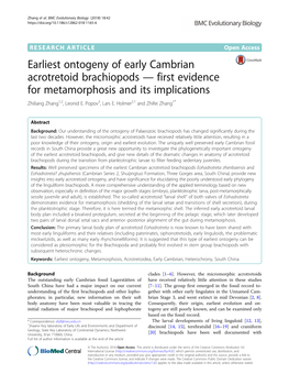 Earliest Ontogeny of Early Cambrian Acrotretoid Brachiopods — First Evidence for Metamorphosis and Its Implications Zhiliang Zhang1,2, Leonid E