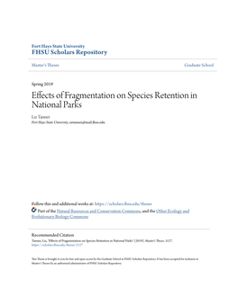 Effects of Fragmentation on Species Retention in National Parks Liz Tanner Fort Hays State University, Eetanner@Mail.Fhsu.Edu