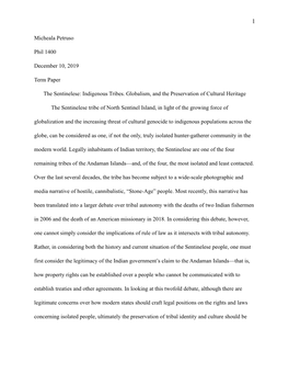 The Sentinelese- Indigenous Tribes. Globalism, and the Preservation Of