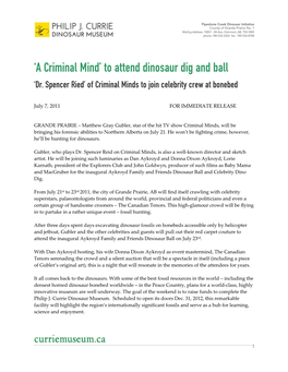 'A Criminal Mind' to Attend Dinosaur Dig and Ball