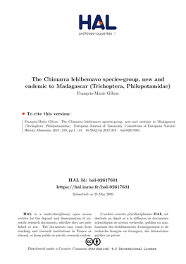 The Chimarra Lehibemavo Species-Group, New and Endemic to Madagascar (Trichoptera, Philopotamidae) François-Marie Gibon