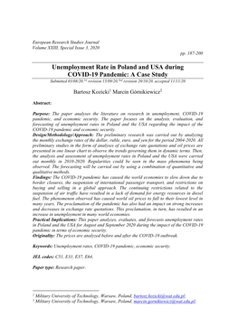 Unemployment Rate in Poland and USA During COVID-19 Pandemic: a Case Study Submitted 03/08/20,1St Revision 15/09/20,2Nd Revision 20/10/20, Accepted 11/11/20