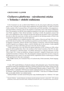 Cieślarova Platforma – Národnostná Otázka V Tešínsku V Období Stalinizmu