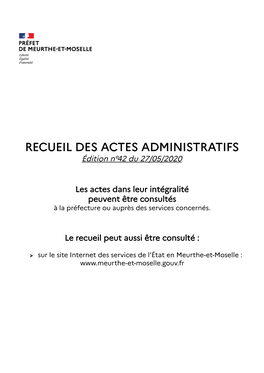 RECUEIL DES ACTES ADMINISTRATIFS Édition N°42 Du 27/05/2020