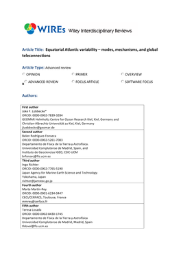 Article Title: Equatorial Atlantic Variability – Modes, Mechanisms, and Global Teleconnections