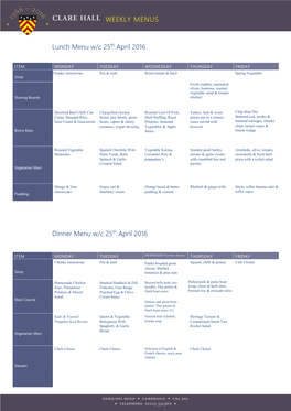 WEEKLY MENUS Lunch Menu W/C 25Th April 2016