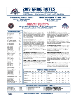 2019 GAME NOTES Binghamton Rumble Ponies Media Relations NYSEG Stadium • Binghamton, NY 13901 • (607) 722-FUNN