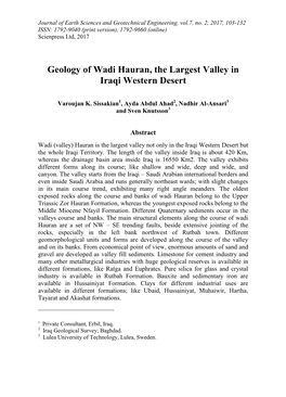 Geology of Wadi Hauran, the Largest Valley in Iraqi Western Desert