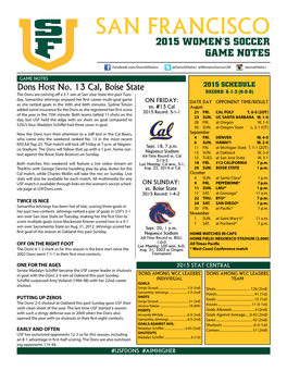 San Francisco 2015 Women's Soccer Game Notes