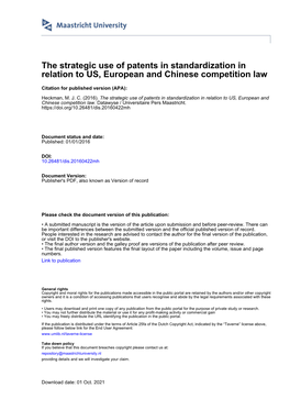 The Strategic Use of Patents in Standardization in Relation to US, European and Chinese Competition Law