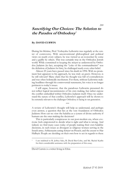 Sanctifying Our Choices: the Solution to the Paradox of Orthodoxy1
