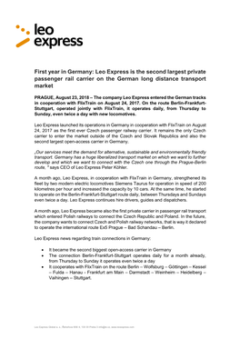 First Year in Germany: Leo Express Is the Second Largest Private Passenger Rail Carrier on the German Long Distance Transport Market
