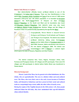 District Nuh (Mewat) at a Glance Nuh District (Earlier Officially Known As Mewat District) Is One of the 22 Districts in the Indian State of Haryana