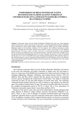 Comparison of Bioactivities of Native Diatomaceous Earth Against Turkestan Cockroach [Blatta Lateralis Walker (Blattodea: Blattidae)] Nymphs