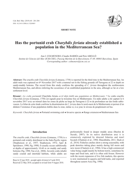 Has the Portunid Crab Charybdis Feriata Already Established a Population in the Mediterranean Sea?