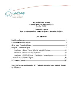 NFI Membership Meeting Winston-Salem, North Carolina USA October 5, 2013 Committee Reports (Representing Committee Work from Ma