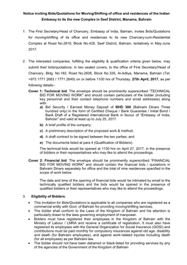 Notice Inviting Bids/Quotations for Moving/Shifting of Office and Residences of the Indian Embassy to Its the New Complex in Seef District, Manama, Bahrain