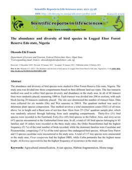 The Abundance and Diversity of Bird Species in Logged Ehor Forest Reserve Edo State, Nigeria