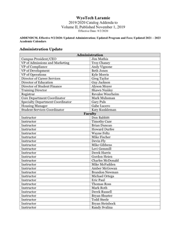 Wyotech Laramie 2019/2020 Catalog Addenda to Volume II, Published November 1, 2019 Effective Date: 9/2/2020