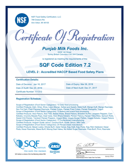 SQF Code Edition 7.2 LEVEL 2 : Accredited HACCP Based Food Safety Plans