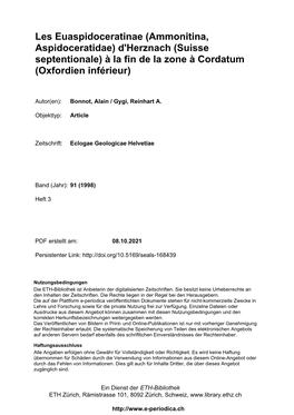 Les Euaspidoceratinae (Ammonitina, Aspidoceratidae) D'herznach (Suisse Septentionale) À La Fin De La Zone À Cordatum (Oxfordien Inférieur)