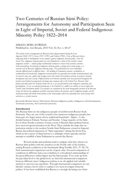 Two Centuries of Russian Sámi Policy: Arrangements for Autonomy and Participation Seen in Light of Imperial, Soviet and Federal Indigenous Minority Policy 1822–2014