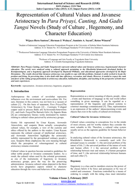 Representation of Cultural Values and Javanese Aristocracy in Para Priyayi, Canting, and Gadis Tangsi Novels (Study of Culture , Hegemony, and Character Education)