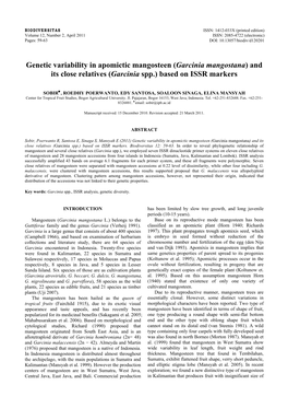 Genetic Variability in Apomictic Mangosteen (Garcinia Mangostana) and Its Close Relatives (Garcinia Spp.) Based on ISSR Markers