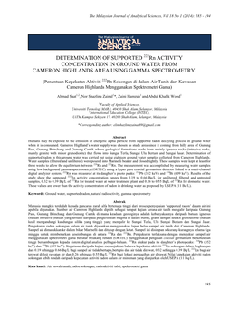 DETERMINATION of SUPPORTED Rn ACTIVITY CONCENTRATION in GROUND WATER from CAMERON HIGHLANDS AREA USING GAMMA SPECTROMETRY