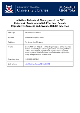 Individual Behavioral Phenotypes of the Cliff Chipmunk (Tamias Dorsalis): Effects on Female Reproductive Success and Juvenile Habitat Selection