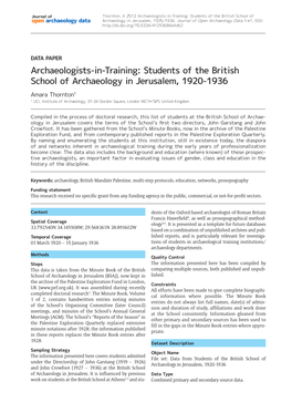 Archaeologists-In-Training: Students of the British School of Archaeology in Jerusalem, 1920-1936