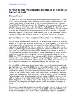 Report on the Presidential Elections in Mongolia on May 24, 2009