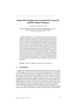 Dengue Risk Mapping from Geospatial Data Using GIS and Data Mining Techniques