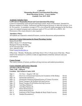 CAPS 423 Mammalian Renal & Gastrointestinal Physiology Renal Physiology Section – Course Outline Academic Year 2019 -2020