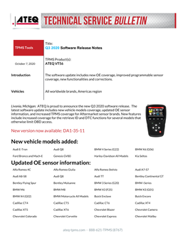 Updated OE Sensor Information, and Increased TPMS Coverage for Aftermarket Sensor Brands