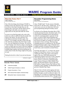 WAMC Program Guide December 2012 - Volume 18 Issue 12 Holiday Specials Abound! See Programming Notes