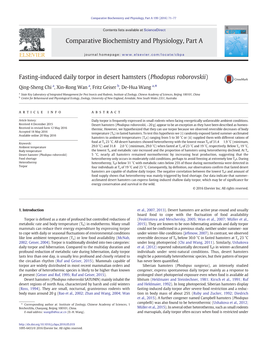 Fasting-Induced Daily Torpor in Desert Hamsters (Phodopus Roborovskii)