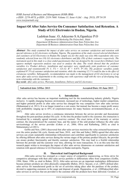 Impact of After Sales Service on Consumer Satisfaction and Retention. a Study of LG Electronics in Ibadan, Nigeria. Ladokun Isaa