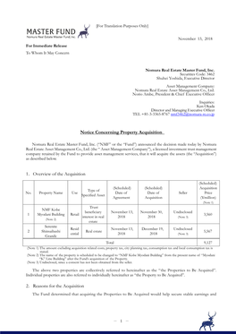 Notice Concerning Property Acquisition（NMF Kobe Myodani