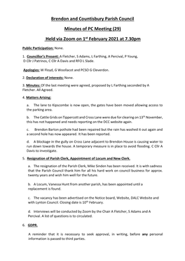 Brendon and Countisbury Parish Council Minutes of PC Meeting (29