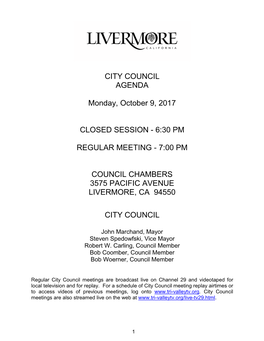 CITY COUNCIL AGENDA Monday, October 9, 2017 CLOSED SESSION