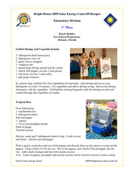 Bright House 2009 Solar Energy Cook-Off Recipes Elementary