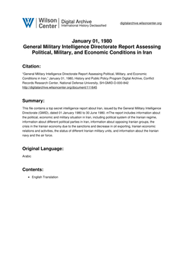 January 01, 1980 General Military Intelligence Directorate Report Assessing Political, Military, and Economic Conditions in Iran